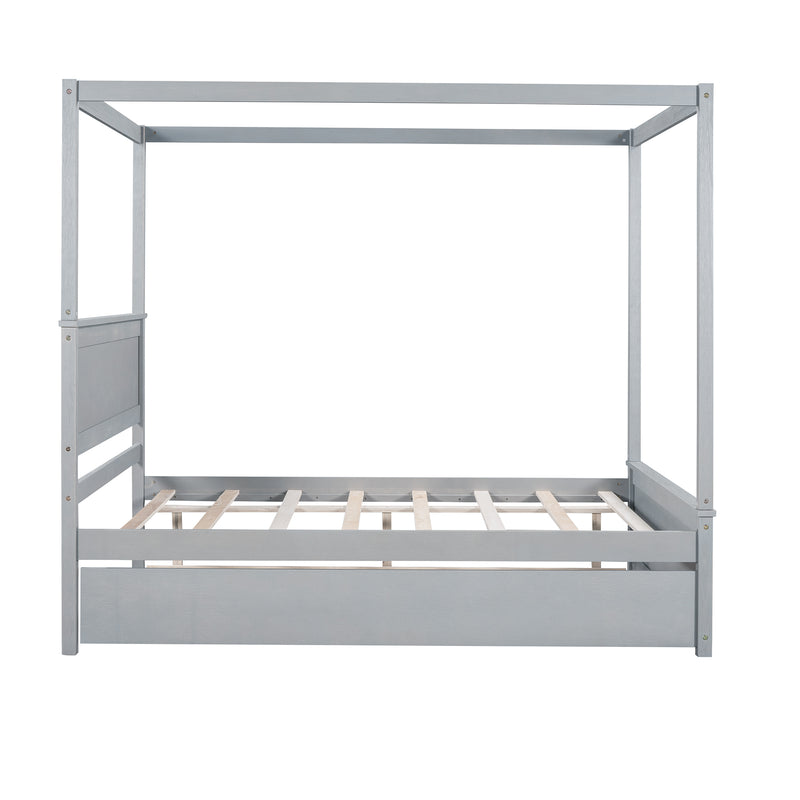 Wood Canopy Bed with Trundle Bed ,Full Size Canopy Platform bed With  Support Slats .No Box Spring Needed, Brushed Gray