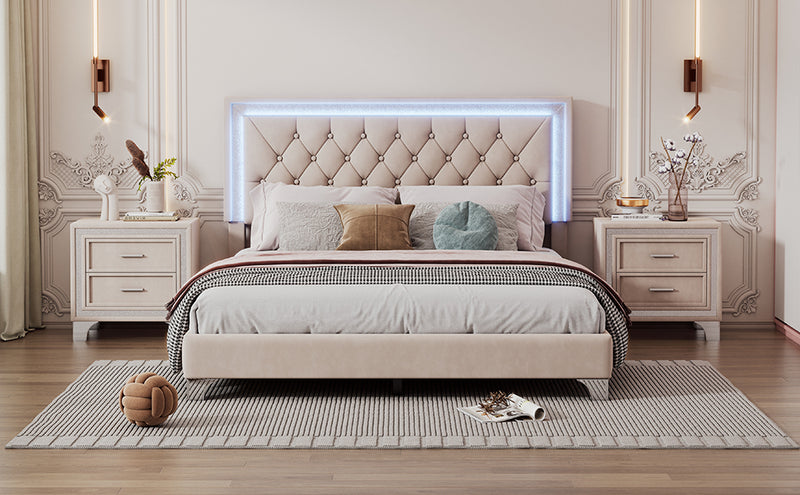 Queen Size Upholstered Bed Frame with LED Lights,Modern Velvet Platform Bed with Tufted Headboard,Beige