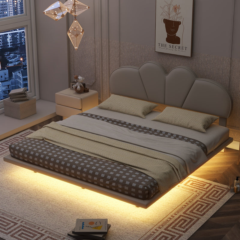 Queen Size Upholstery LED Floating Bed with PU Leather Headboard and Support Legs,Beige