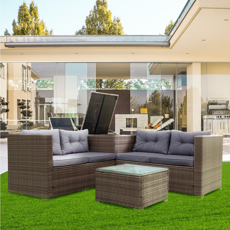 4 Piece Patio Sectional Wicker Rattan Outdoor Furniture Sofa Set With Storage Box - Gray