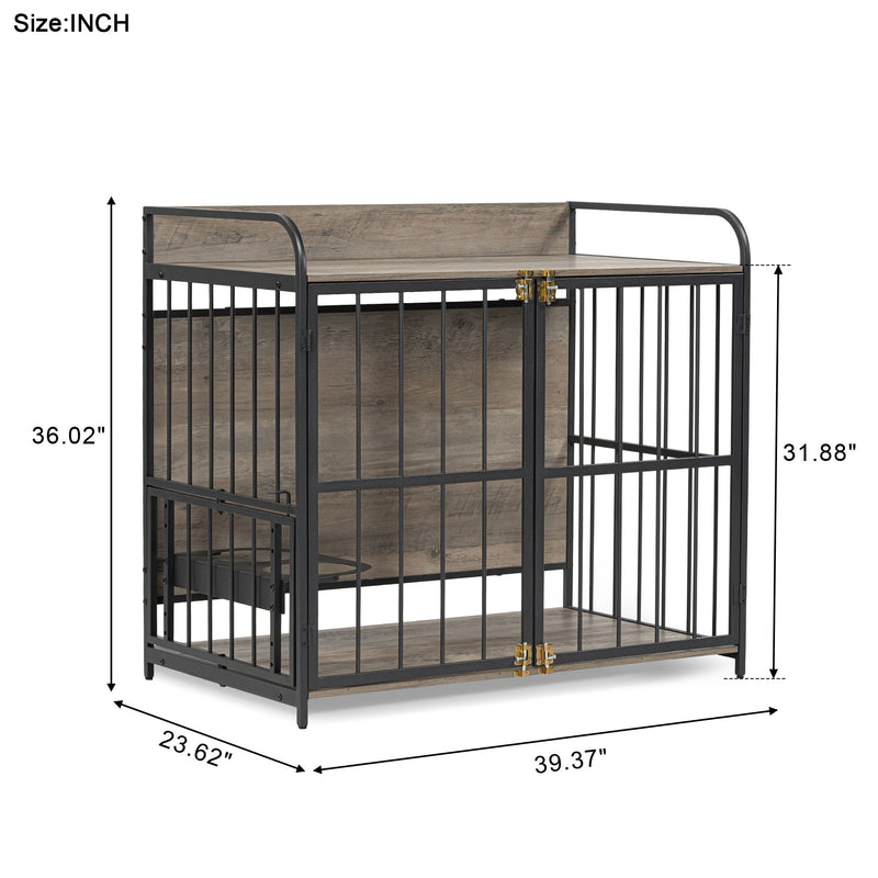 Indoor Metal Dog Crate With Double Doors, Wooden Side End Table Crate, Dog Crate Furniture With Adjustable Feeder Stand, For Medium Dog - Gray