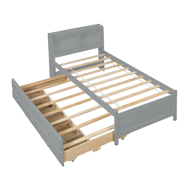 Twin Bed with Twin Trundle,Drawers,Grey