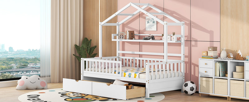 Wooden Twin Size House Bed with 2 Drawers,Kids Bed with Storage Shelf, White