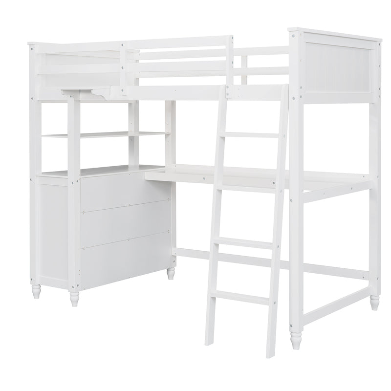 Twin size Loft Bed with Drawers and Desk, Wooden Loft Bed with Shelves - White(OLD SKU: LT001530AAK)