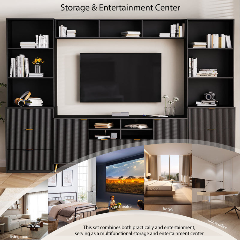 4 Piece Entertainment Wall Unit With 13 Shelves, 8 Drawers And 2 Cabinets, Multifunctional TV Stand Media Storage Cabinet With Fluted Line Surface For Living Room, For TVs Up To 70"