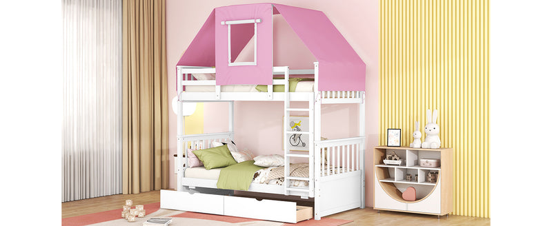 Twin Over Twin Bunk Bed Wood Bed with Tent and Drawers, White+Pink Tent