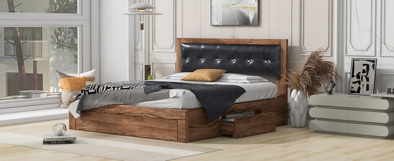 Queen Size Wood Platform Bed with Upholstered Headboard and 4 Drawers