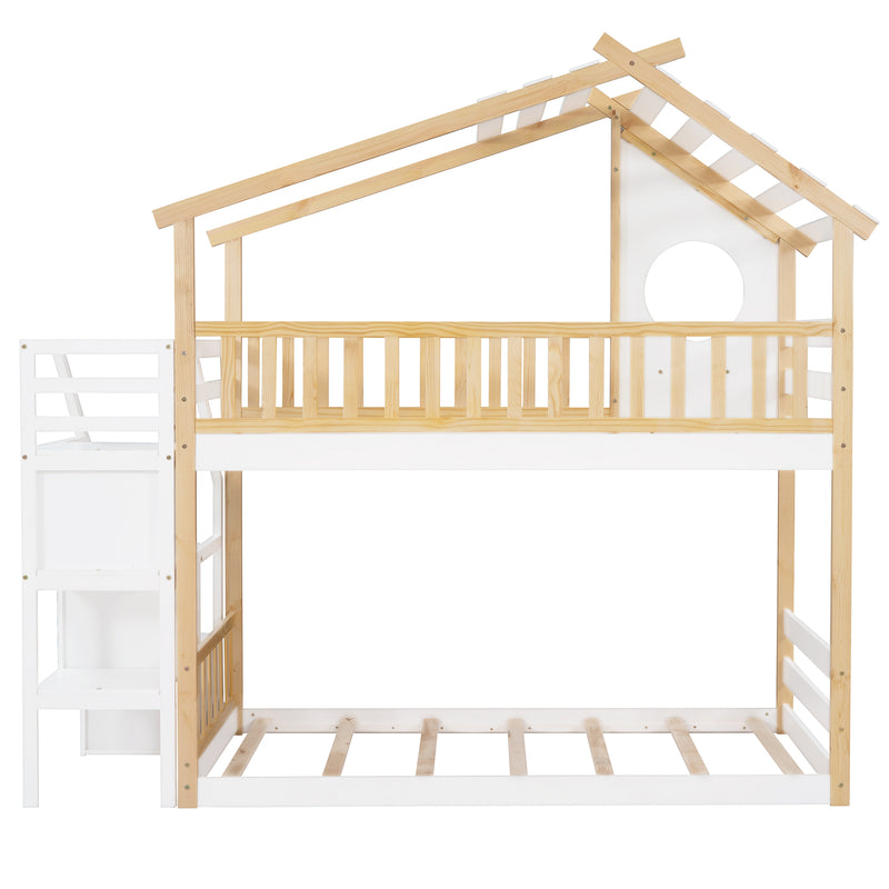 Stairway Twin-Over-Twin Bunk Bed,House Bed,Storage and Guard Rail,Natural Bed +White Stair(OLD SKU :LT000308AAK)