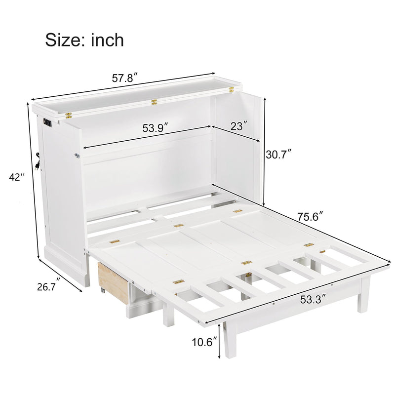 Solid Pine Murphy Bed Chest Cube Cabinet Bed With Charging Station And Large Storage Drawer For Home Office Or Small Room