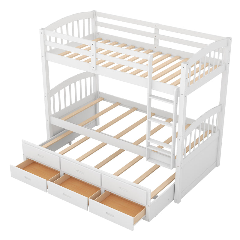 Twin over Twin Wood Bunk Bed with Trundle and Drawers,White