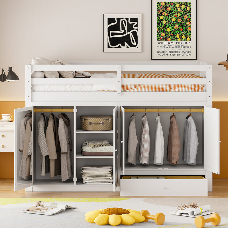 Twin size Loft Bed with Drawer, Two Wardrobes and Mirror, White