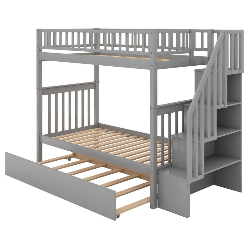 Twin Over Twin Bunk Bed With Trundle And Storage - Gray