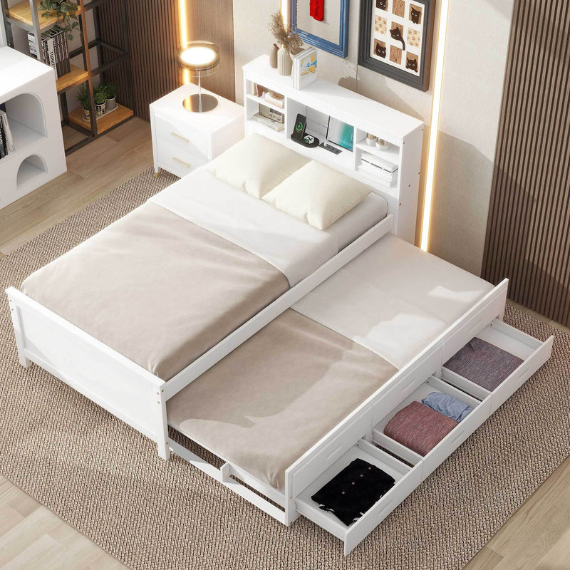 Twin Size Platform Bed with Storage Headboard, USB, Twin Size Trundle and 3 Drawers, White