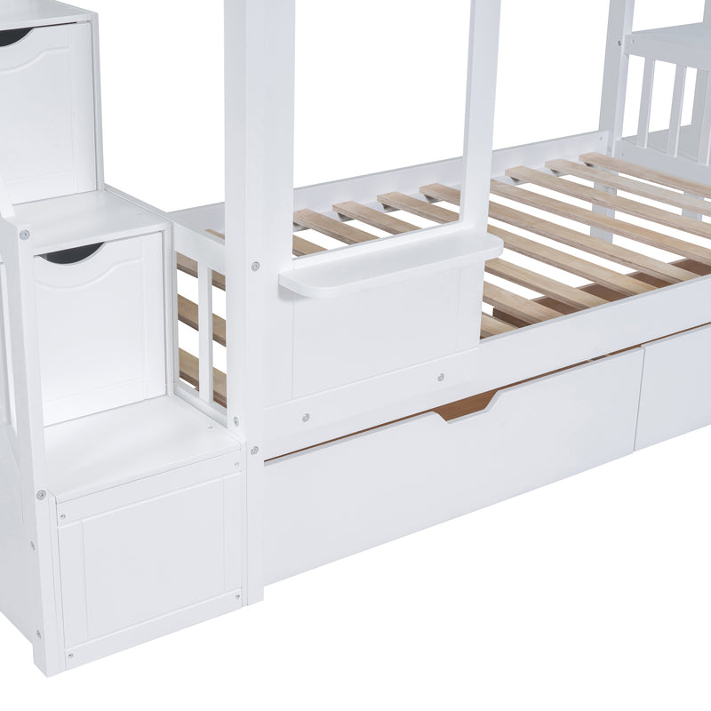 Twin-Over-Twin Castle Style Bunk Bed with 2 Drawers 3 Shelves and Slide - White