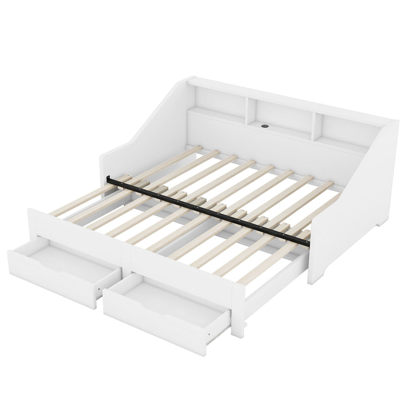 Twin to King Size Daybed Frame with Storage Bookcases and Two Drawers,Charging Design,White