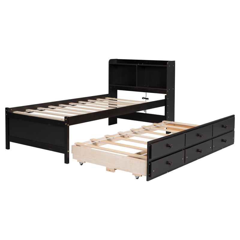 Twin Size Bed with  built-in USB ,Type-C Ports, LED light, Bookcase Headboard, Trundle and 3 Storage Drawers, Twin Size Bed with  Bookcase Headboard, Trundle and Storage drawers ,Espresso