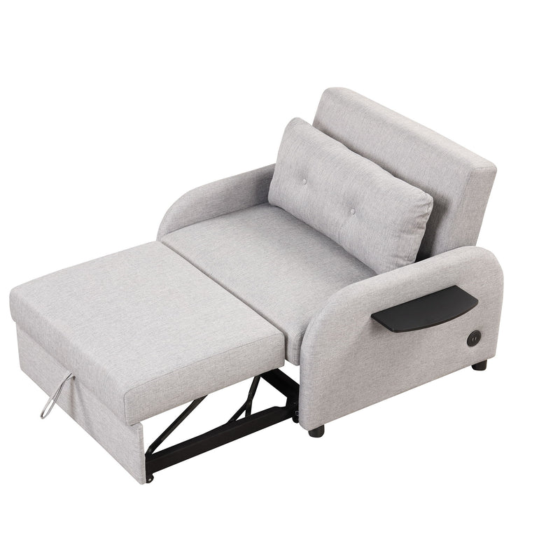 Pull Out Sofa Sleeper 3 In 1 With 2 Wing Table And USB Charge For Nap Line Fabric For Living Room Recreation Room