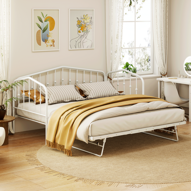 Twin Size Stylish Metal Daybed with Twin Size Adjustable Trundle, Portable Folding Trundle, White