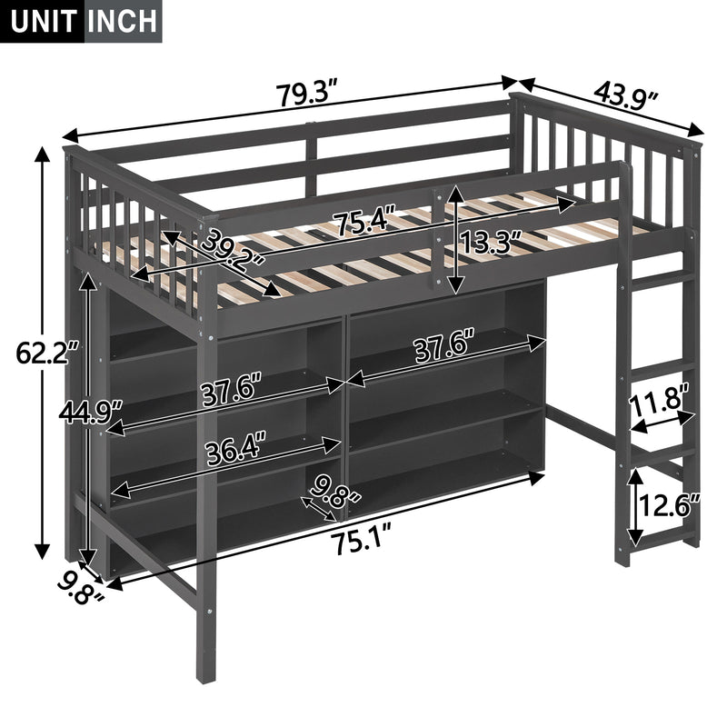 Twin Size Loft Bed with 8 Open Storage Shelves and Built-in Ladder, Gary