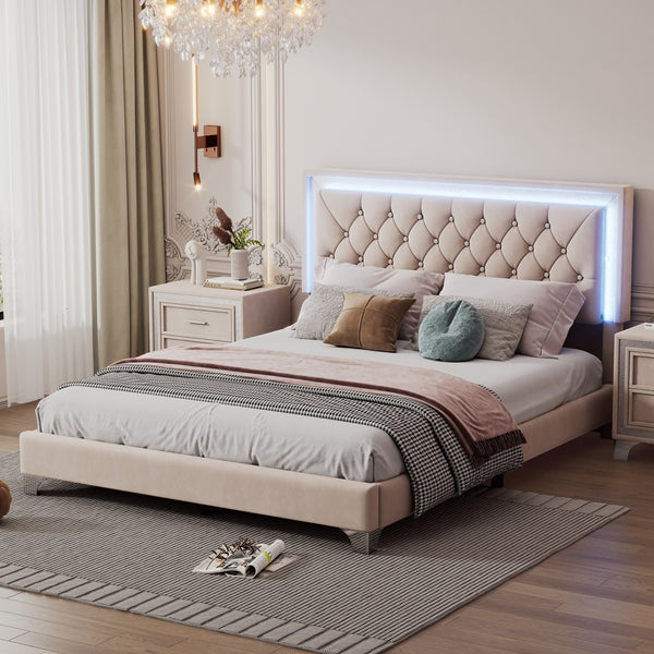 Queen Size Upholstered Bed Frame with LED Lights,Modern Velvet Platform Bed with Tufted Headboard,Beige