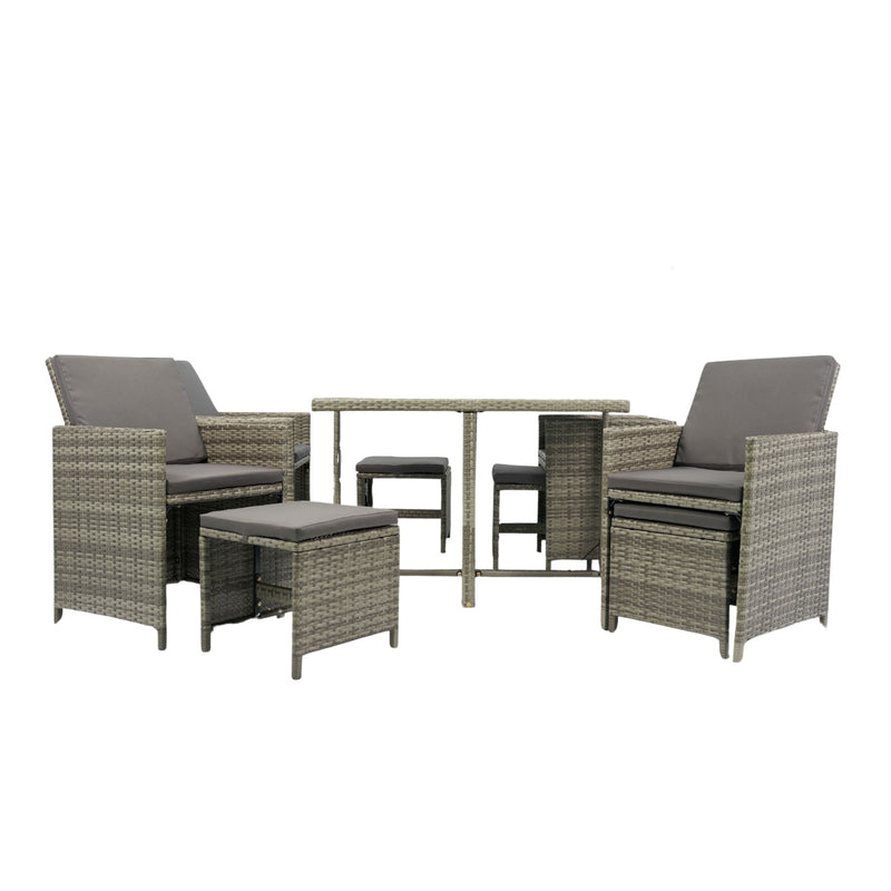 9 Pieces Patio Dining Sets Outdoor Space Saving Rattan Chairs With Glass Table Patio Furniture Sets Cushioned Seating And Back Sectional Conversation Set Wicker And Cushion - Gray