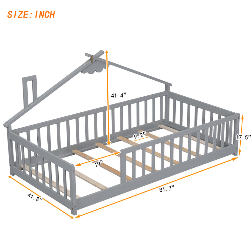 Twin House-Shaped Bedside Floor Bed with Guardrails, Slats, without Door ,Grey