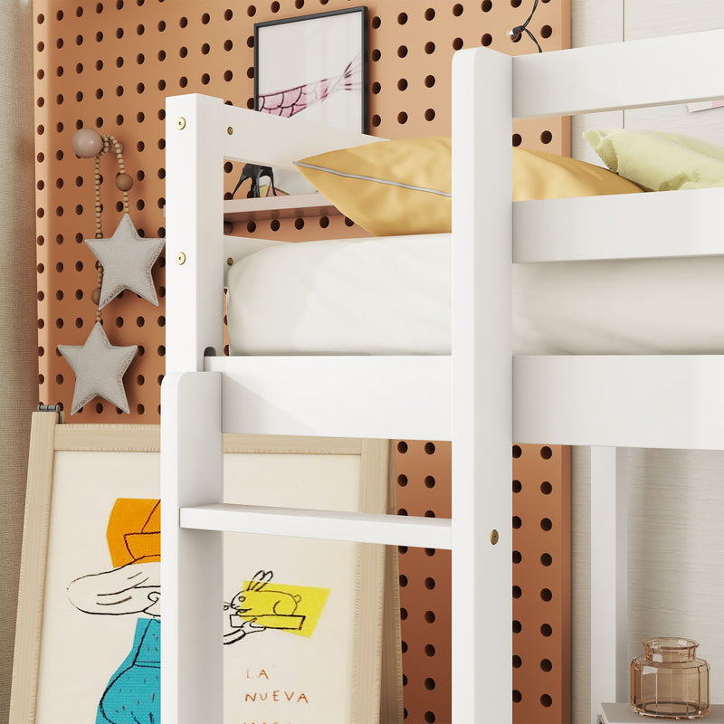 Loft Wood Bed With Under-Bed, Built-In Desk, A Storage Cabinet Of 2 Drawers, Guardrails, Ladder