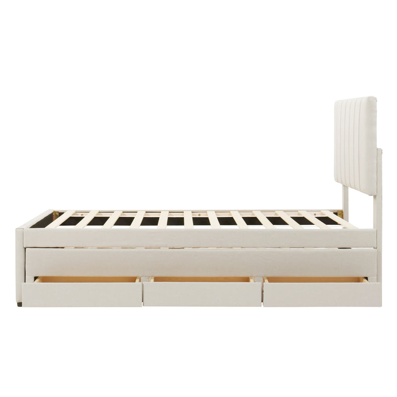 Twin Size Upholstered Platform Bed with Trundle and 3 Drawers, Linen Fabric, Beige