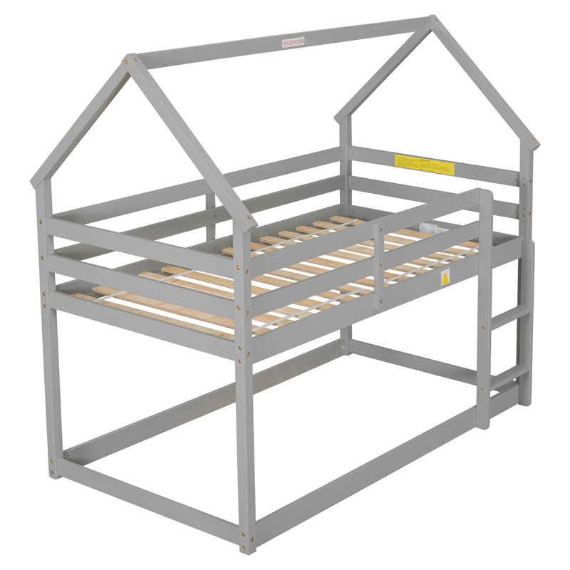 Twin over Twin Loft Bed with Roof Design, Safety Guardrail, Ladder, Grey