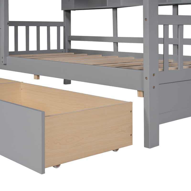 Wooden Twin Size House Bed with 2 Drawers,Kids Bed with Storage Shelf, Gray