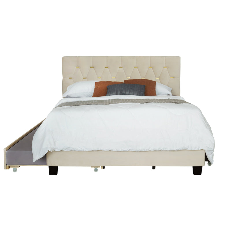 BEIGE QUEEN SIZE TRUNDLE PULL OUT DRAWERS STORAGE UPHOLSTERED BED MODERN DESIGN NO BOX SPRING REQUIRED