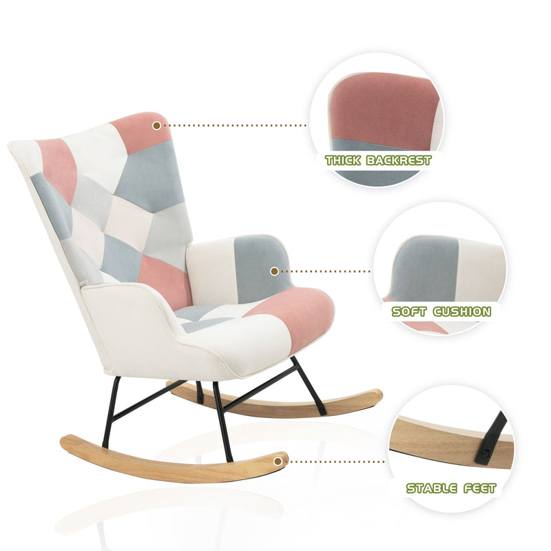 Accent Rocking Chair, Mid-Century Fabric Rocker Chair With Wood Legs And Patchwork Linen For Livingroom Bedroom