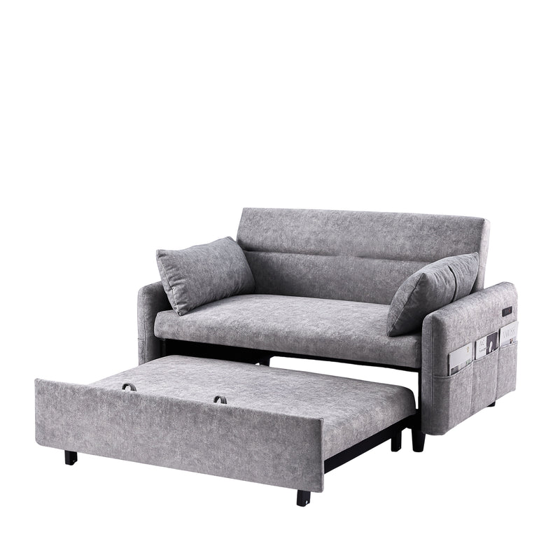 Pull Out Sleep Sofa Bed Loveseats Sofa Couch With Adjsutable Backrest, Storage Pockets, 2 Soft Pillows, USB Ports For Living Room