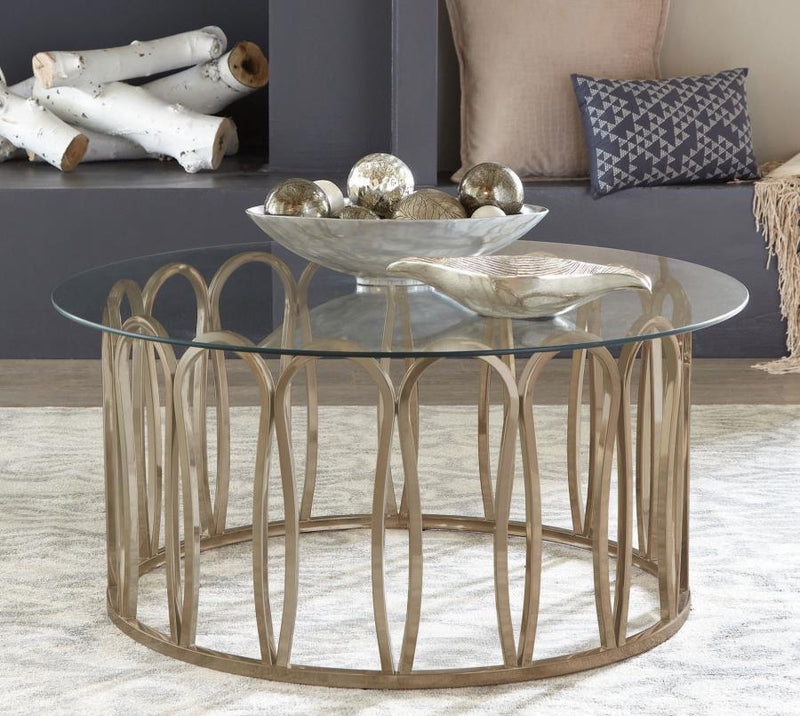 Monett - Round Glass Top Coffee Table - Chocolate Chrome - Atlantic Fine Furniture Inc