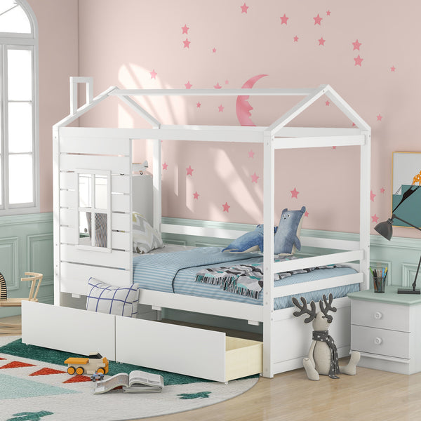 Twin Size House Bed Wood Bed with Two Drawers ( White )