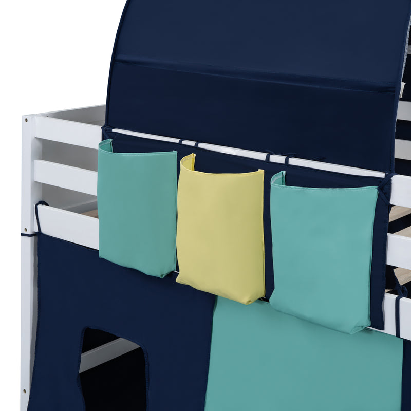 Twin Size Loft Bed with Tent and Tower  and  Three Pockets- Blue