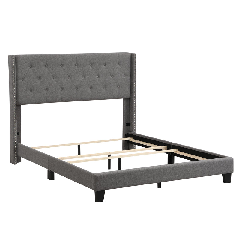 Upholstered Platform Bed with Classic Headboard, Box Spring Needed, Gray Linen Fabric, Queen Size