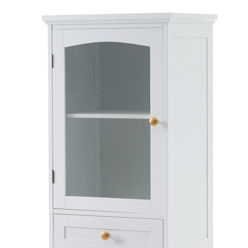 Tall Bathroom Storage Cabinet With Glass Doors, Free-Standing, Two Drawers, And Adjustable Shelves, MDF Board, Painted Perfect For Displaying Your Favorite Items