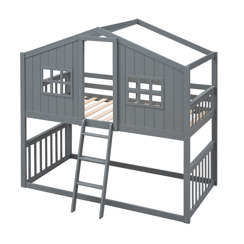 Twin Over Twin House Bunk Bed With Ladder, Wood Bed