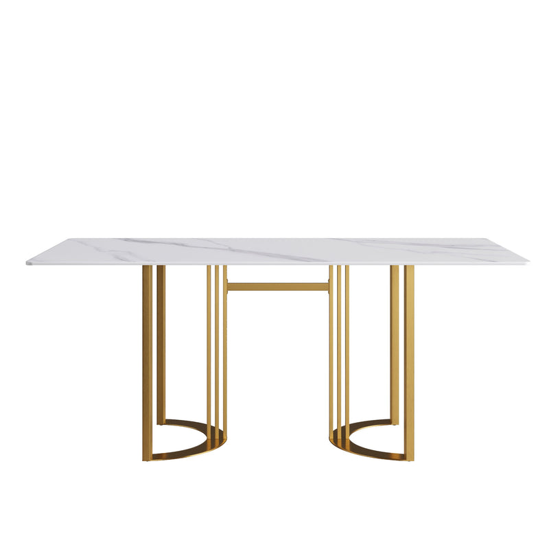 70.87" Modern Artificial Stone White Straight Edge Golden Metal Leg Dining Table, Can Accommodate 6-8 People - White / Gold