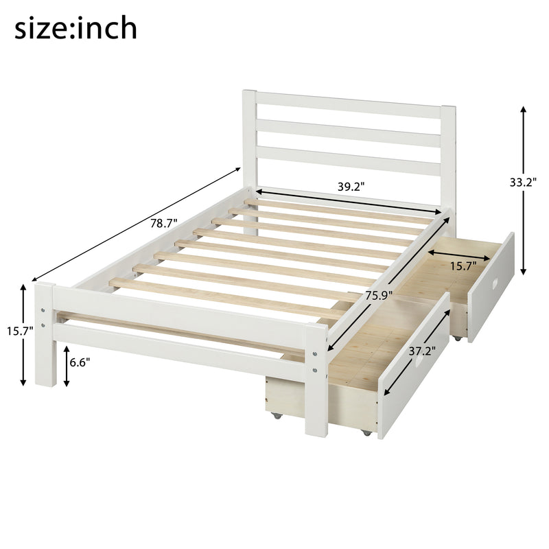 Wood platform bed with two drawers, twin (white)