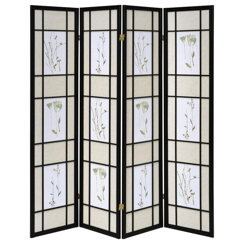 Catabella - 4-Panel Room Divider Folding Shoji Screen Floral - Black