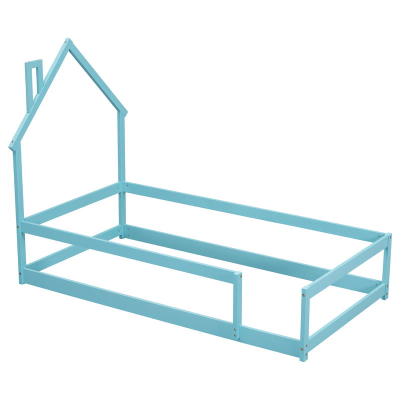 Twin Size Wood bed with House-shaped Headboard Floor bed with Fences,Light Blue