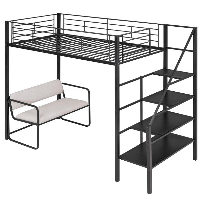 Twin Size Metal Loft Bed with Bench and Storage Staircase, Black