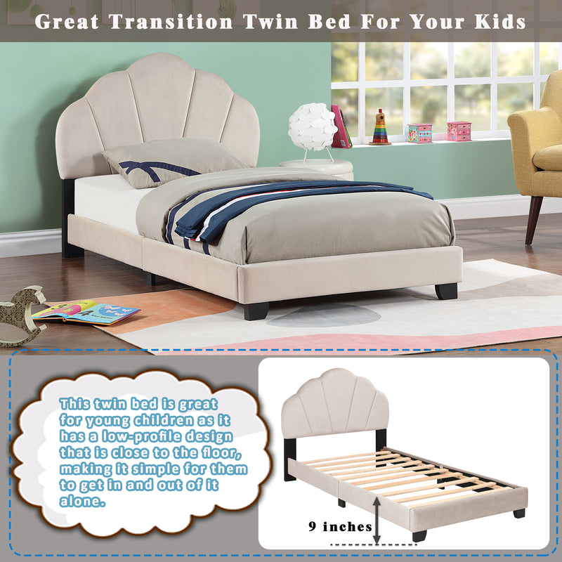 Upholstered Twin Size Platform Bed for Kids, with Slatted Bed Base, No Box Spring Needed, Beige color, Shell Design