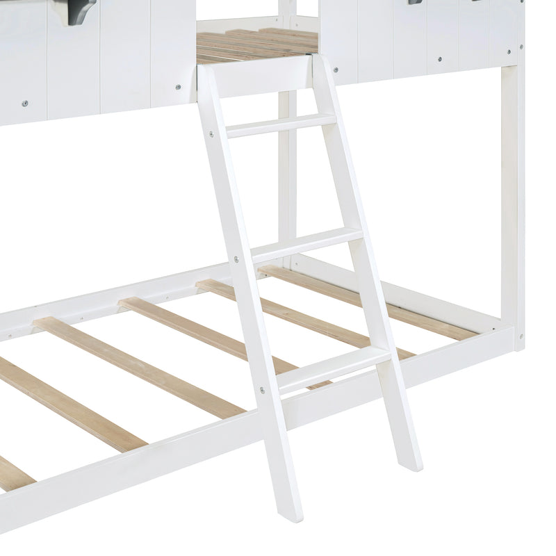 Twin Over Twin Bunk Bed Wood Bed with Roof, Window, Guardrail, Ladder (White)(OLD SKU :LT000045AAK)