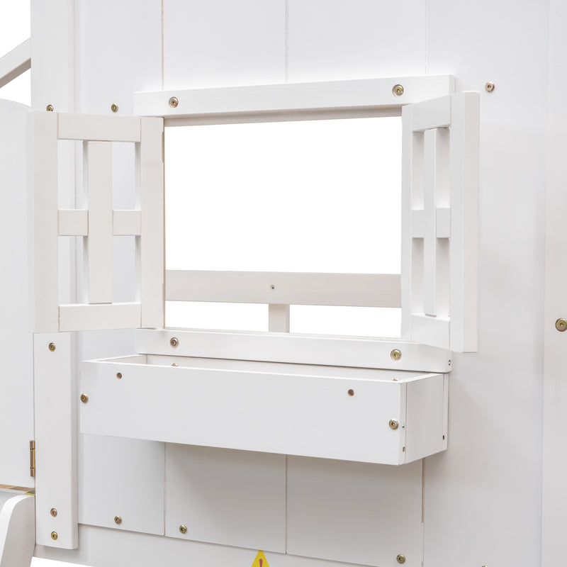 Twin over Twin House Bunk Bed with Roof , Window, Window  Box, Door , with Safety Guardrails and Ladder,White