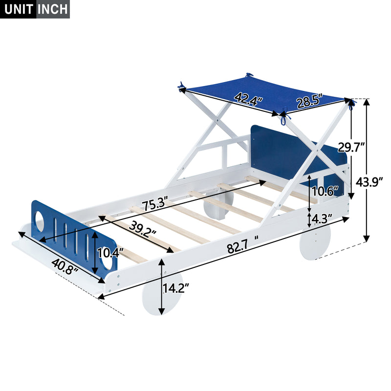 Wood Twin Size Car Bed with Ceiling Cloth, Headboard and Footboard, White+Blue