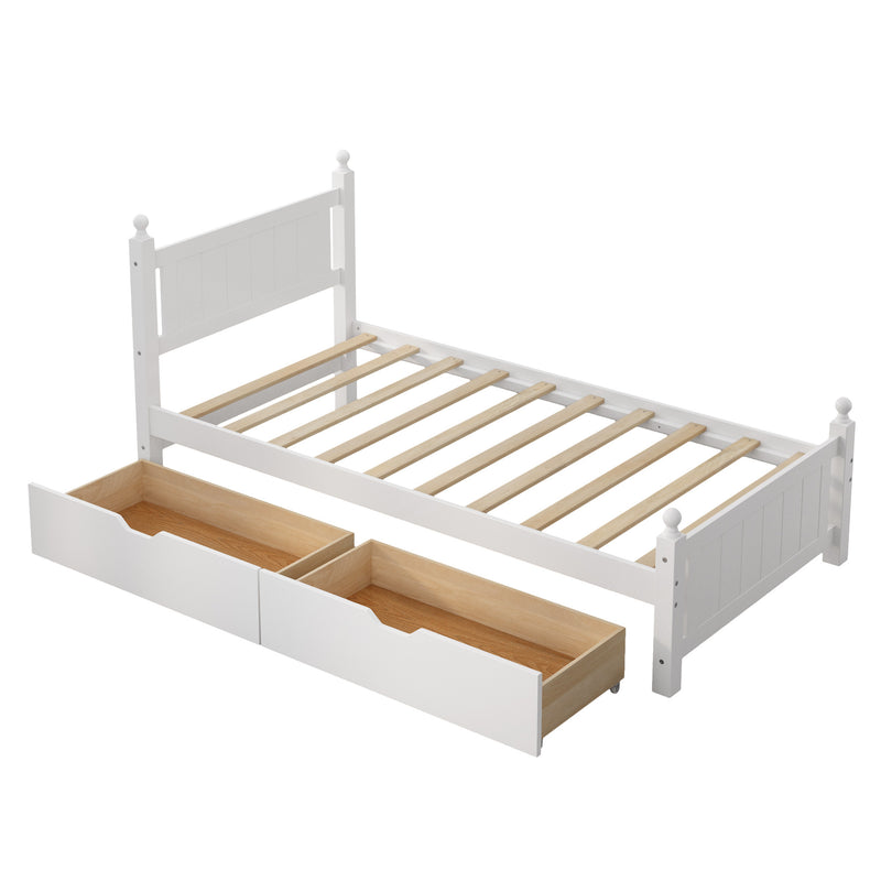 Twin Size Solid Wood Platform Bed Frame with 2 drawers for Limited Space Kids, Teens, Adults, No Need Box Spring, White