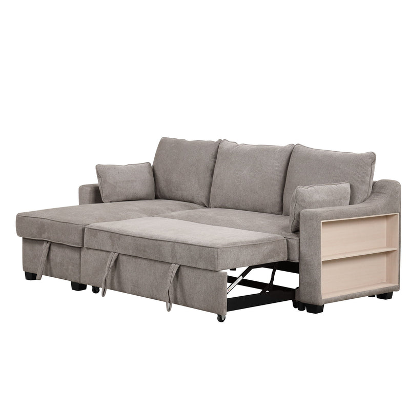 Pull Out Sleeper Sofa L-Shaped Couch Convertible Sofa Bed With Storage Chaise, Storage Racks And USB Ports